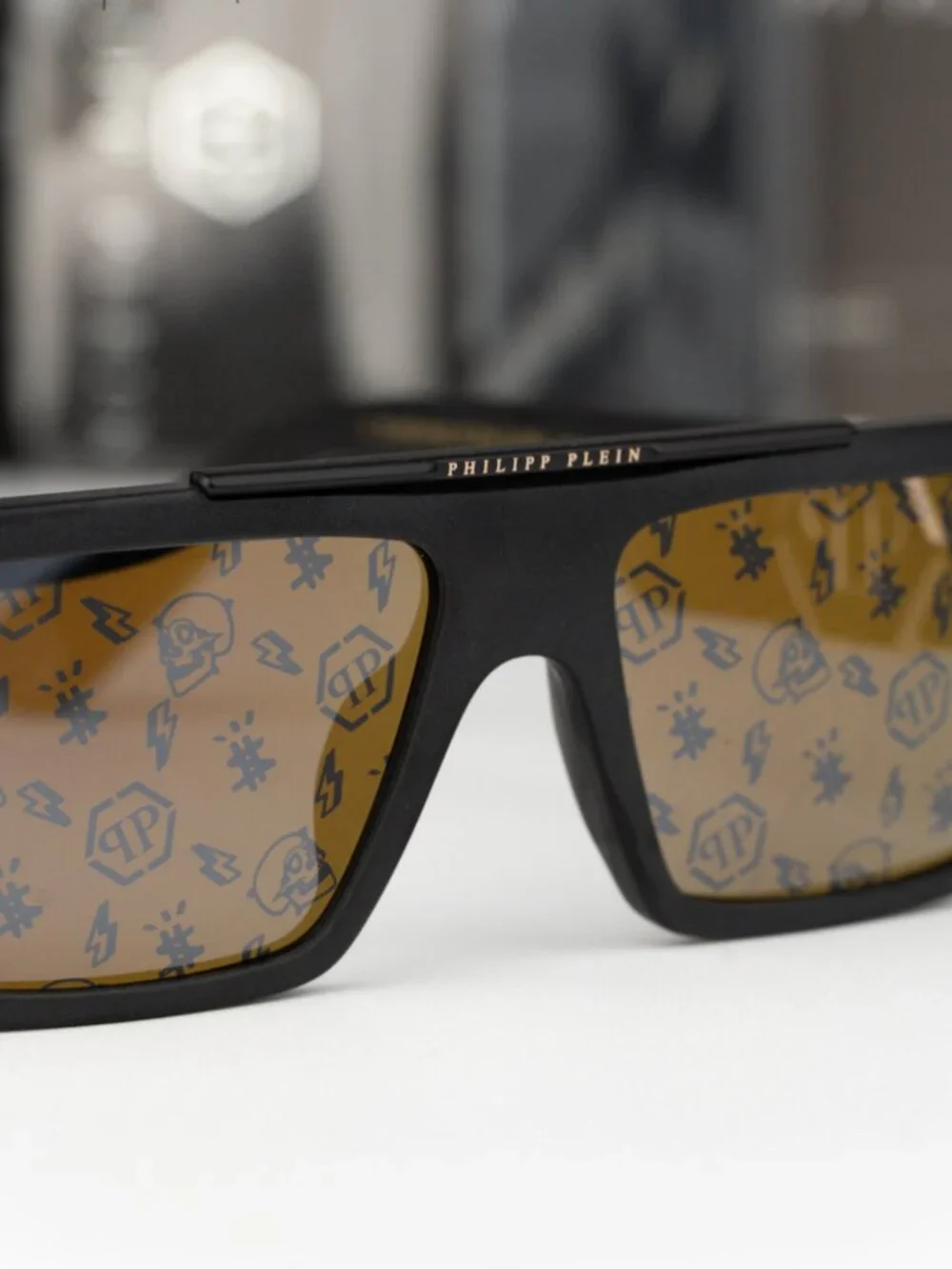 Philipp Plein Men Sunglasses Black Gold Mirror Rectangle SPP003M 703L BRAND NEW